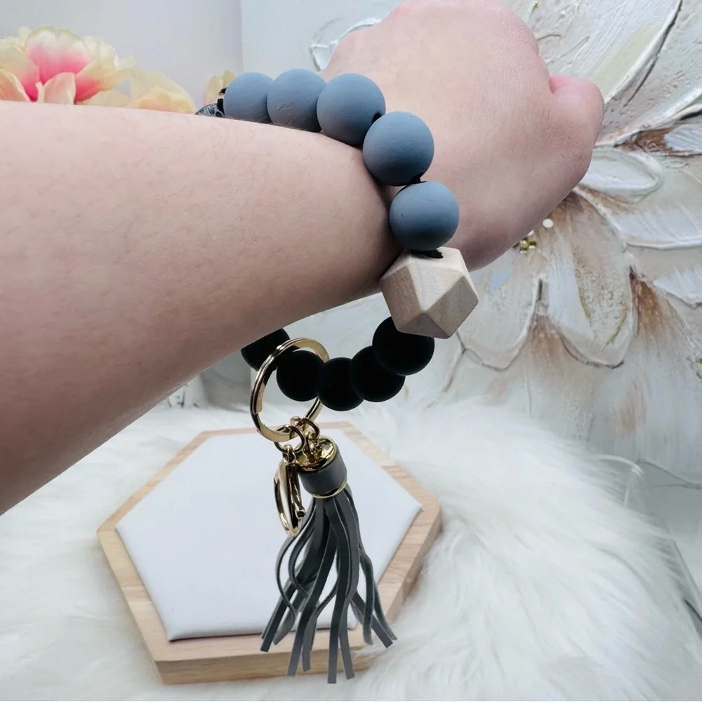Paw Print Gray & Black Beaded Bracelet w/ Keychain & Tassel